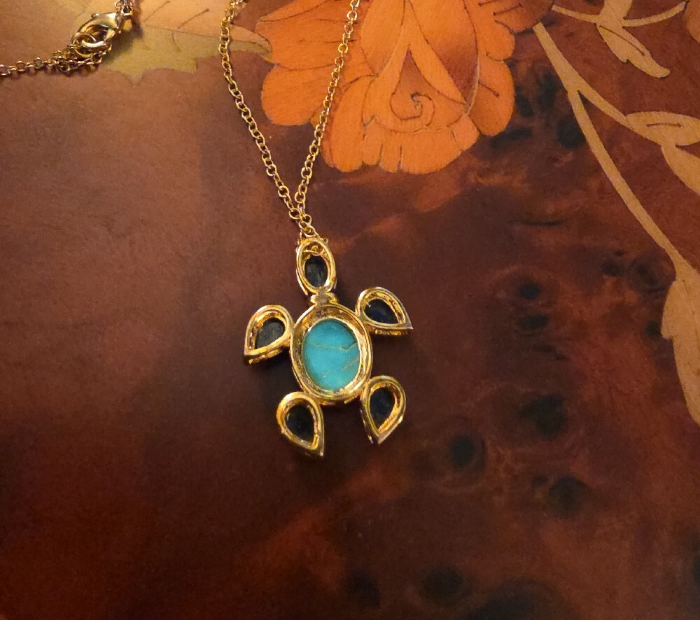 JTV Turquoise & Lapis 18K Gold Over Brass Turtle Pendant With Chain - Picture 4 of 7